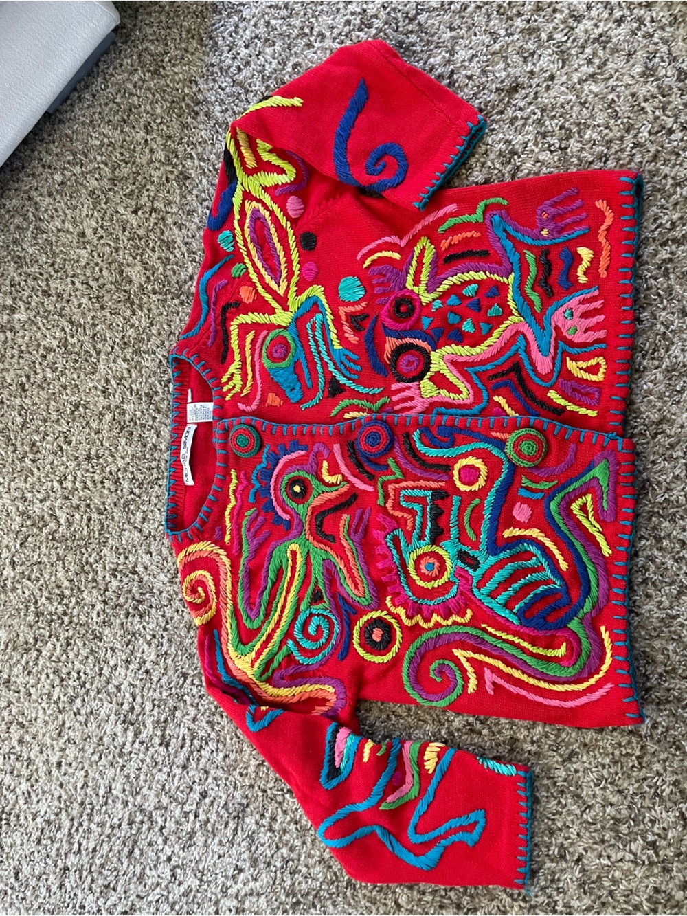 Vintage Michael Simon Red Cardigan with Turquoise Trim and Multicolor Embroidery - Picture 2 of 9